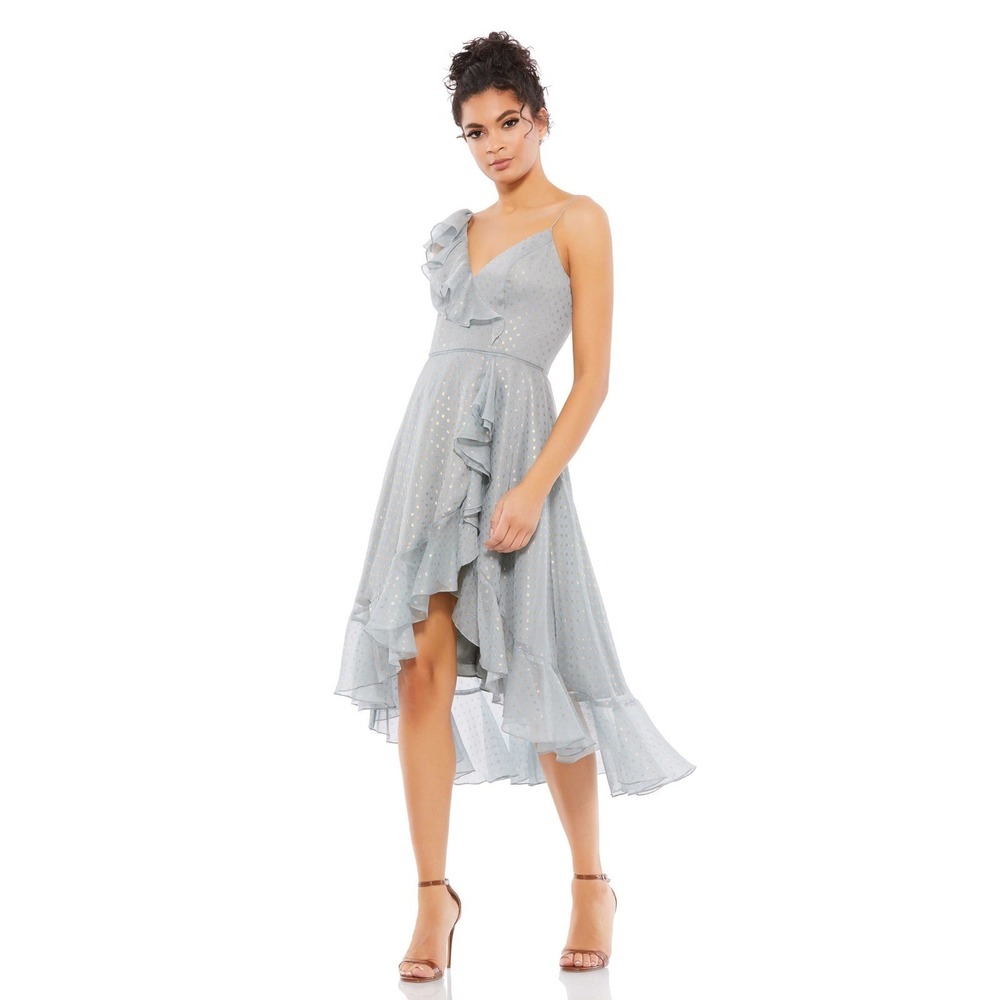 NWT IEENA‎ Mac Duggal Ruffle Faux Wrap Midi Dress in Silver Gray Sz 14 $358